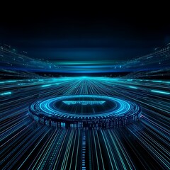 Poster - Futuristic Digital Technology Scene with Neon Lights and Lines Radiating Towards a Central Circular Platform