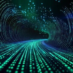 Poster - Futuristic Digital Tunnel with Glowing Particles and Data Streams in Bright Blue and Green Colors