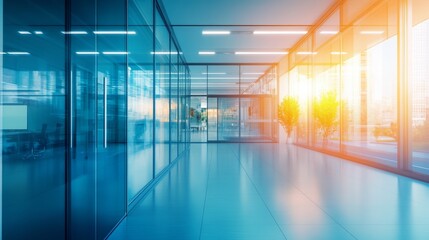 Poster - blurred glass wall of a modern business office building in a business center, featuring abstract ref