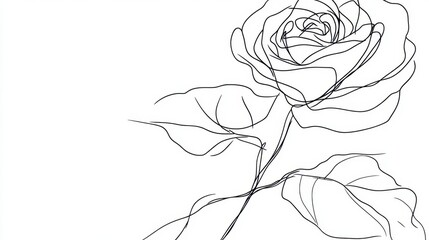 Fototapete - A continuous black line forming a delicate rose, its petals and leaves gracefully rendered on white.