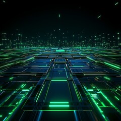 Aufkleber - Futuristic Technology Background with Green Neon Lights and Grid Structure in a Dark Environment