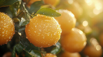 Canvas Print - Sunlit oranges with dew on tree branches in a lush orchard