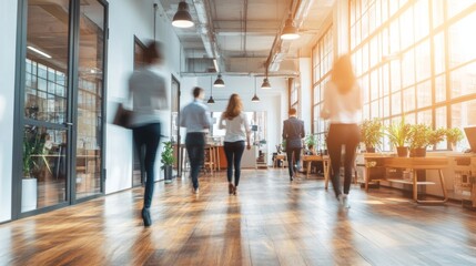 Poster - Dynamic Corporate Office Environment with Blurred Motion of Busy Business Professionals Walking Through Modern Workspace, Highlighting Teamwork, Productivity, and Professional Atmosphere