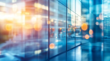 Poster - blurred glass wall of a modern business office building in a business center, featuring abstract ref