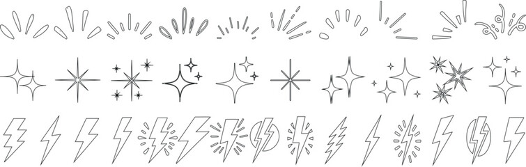 Wall Mural - lightning bolts, stars, sparkles, and bursts line art in hand drawn vector style. simple, abstract, 