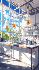 Poster - Vibrant science lab showcase modern laboratory digital art bright environment clean lineart anime style