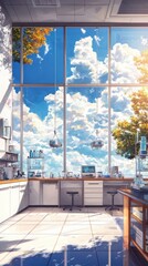 Poster - Science lab in anime style modern environment clean lineart vibrant colors elegant viewpoint