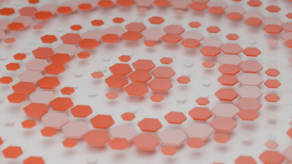 Poster - 3d rendering of an abstract composition of many red and white hexagonal tiles arranged at different 