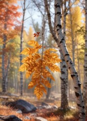 Wall Mural - a lone silver birch leaf clings to its branch in the midst of a vibrant autumn landscape with scatte