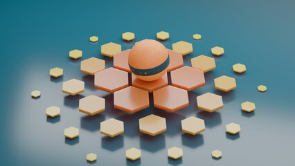 Poster - 3d rendering of an abstract geometric composition: a yellow sphere with a blue stripe on hexagonal t