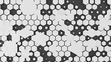 Wall Mural - 3d rendering of an abstract geometric background of many white hexagons on a black background. Geometric abstraction for screensavers and desktop backgrounds.