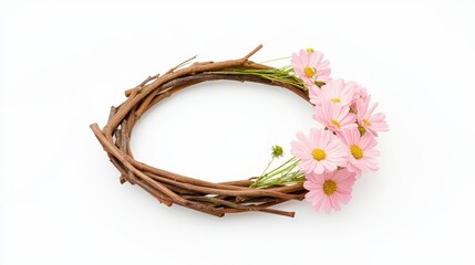 Wall Mural - A delicate floral wreath made from twigs and adorned with soft pink flowers, showcasing a natural, rustic aesthetic.