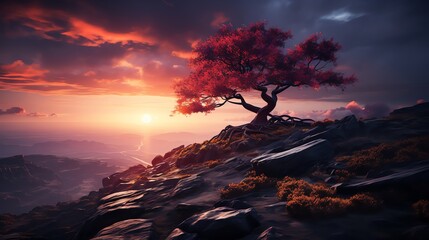 Wall Mural - Solitary red tree on rocky mountain peak at sunset.