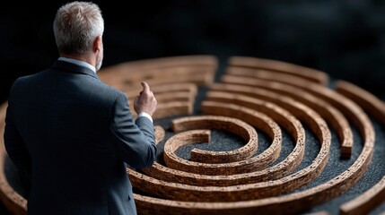 Poster - businessman strategizing in front of a large circular maze symbolizing problem solving and decision 
