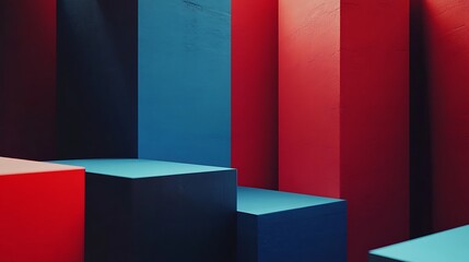 Aufkleber - Abstract geometric shapes, vibrant red and blue blocks, modern display podiums.