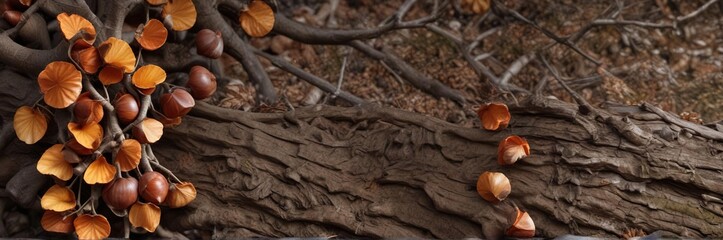 Wall Mural - chestnut shells lining the surface of a bare tree branch, autumn, rustic, foliage
