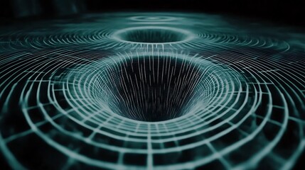 Poster - Abstract digital vortex tunnel with interconnected grid lines.