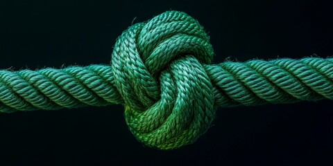 Leinwandbilder - A green knot tied in a rope stands out prominently against a black backdrop, illustrating a striking contrast between the vivid green and the dark setting.