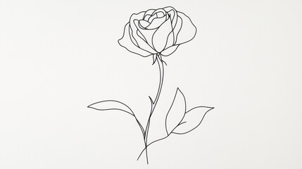 Poster - A minimalist line drawing of a rose in black, its petals and stem flowing seamlessly on white.