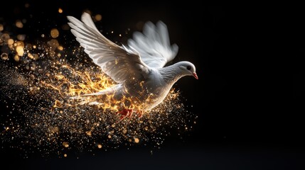 Poster - majestic white dove in flight with dramatic fiery particles against a dark background capturing moti