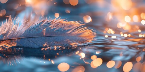 Leinwandbilder - Defocused abstract background featuring duck bird feathers mingling with the shimmering water surface, creating a captivating visual blend of textures and colors of duck bird feathers.