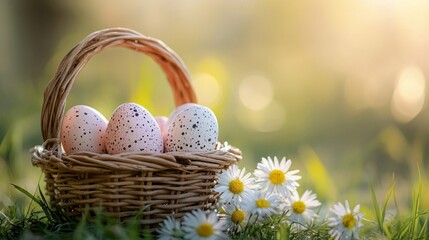 Poster - Pink speckled Easter eggs in a wicker basket