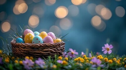 Poster - Easter eggs nestled in a wicker basket among spring flowers