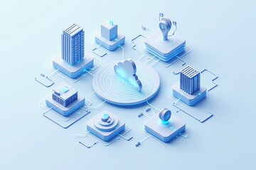 Fototapete - 3D isometric illustration of a cloud hub connecting smart devices, servers, and systems, symbolizing a futuristic IoT ecosystem