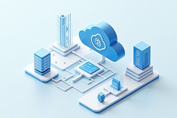 Fototapete - 3D isometric illustration of a cloud hub connecting servers, devices, and platforms, symbolizing modern digital solutions.