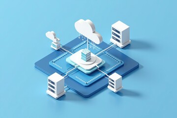 Poster - Cloud computing - A 3D illustration of a cloud computing network, showcasing data servers and interconnected devices in a minimalistic design.