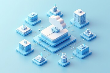 Aufkleber - Cloud computing - A 3D illustration of a cloud computing network, showcasing data servers and interconnected devices in a minimalistic design.