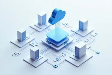 Fototapete - Cloud computing - A 3D illustration of a cloud computing network, showcasing data servers and interconnected devices in a minimalistic design.