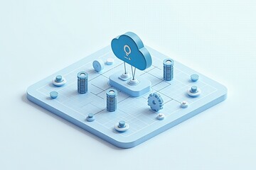 Fototapete - Cloud computing - A 3D illustration of a cloud computing network, showcasing data servers and interconnected devices in a minimalistic design.