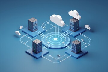 Fototapete - Cloud computing - A 3D illustration of a cloud computing network, showcasing data servers and interconnected devices in a minimalistic design.