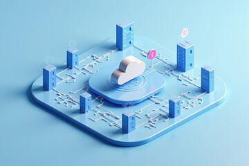 Poster - Cloud computing - A 3D illustration of a cloud computing network, showcasing data servers and interconnected devices in a minimalistic design.