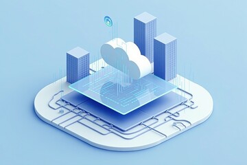 Fototapete - Cloud computing - A 3D illustration of a cloud computing network, showcasing data servers and interconnected devices in a minimalistic design.