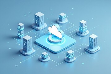 Fototapete - Isometric 3D illustration of a cloud hub connecting multiple data centers on a blue digital platform, representing modern cloud infrastructure.