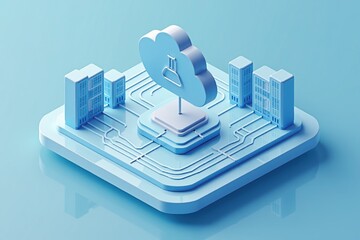 Poster - Cloud computing - A 3D illustration of a cloud computing network, showcasing data servers and interconnected devices in a minimalistic design.