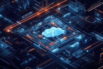 Aufkleber - Futuristic cloud representation within a glowing blue and orange digital circuit, symbolizing advanced cloud computing technology.