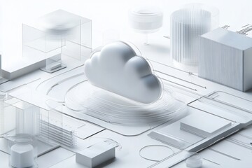 Poster - Cloud computing - A 3D illustration of a cloud computing network, showcasing data servers and interconnected devices in a minimalistic design.