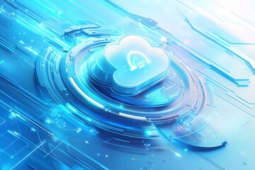 Poster - Cloud computing - A 3D illustration of a cloud computing network, showcasing data servers and interconnected devices in a minimalistic design.
