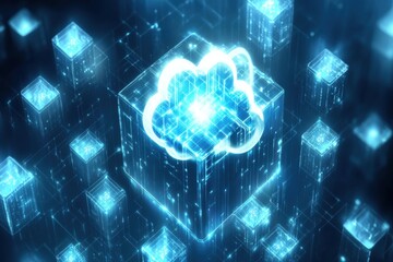 Poster - Cloud computing - A 3D illustration of a cloud computing network, showcasing data servers and interconnected devices in a minimalistic design.