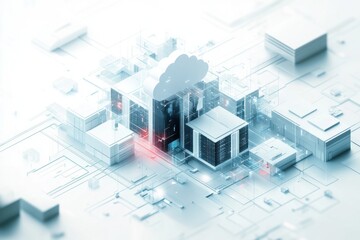 Fototapete - Cloud computing - A 3D illustration of a cloud computing network, showcasing data servers and interconnected devices in a minimalistic design.