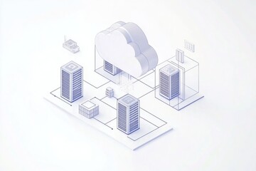 Aufkleber - Simplified 3D cloud network illustration with servers, data connections, and minimalist design in soft tones