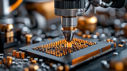 Poster - close-up of advanced microchip on circuit board with precision robotic arm in high-tech manufacturin