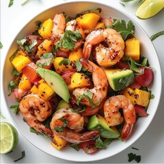 Poster - A shrimp, mango and avocado salad, white background. top view.