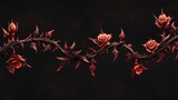 A rose vine with sharp, pointed thorns and rich red flowers, curling elegantly against a black background.