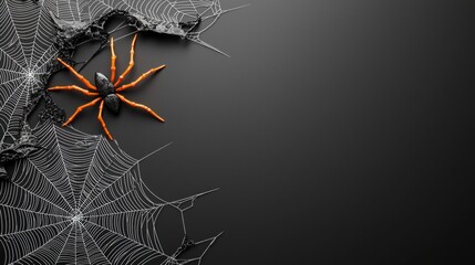Vibrant Orange Spider on Black Background with Intricate Webs - Perfect for Halloween and Nature Themes