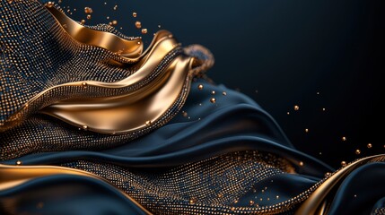 Poster - luxurious abstract background with flowing golden fabric and glittering particles on a dark backdrop