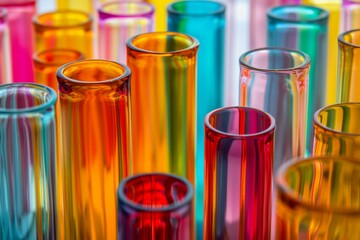 Poster - many colorful test tubes standing upright, creating a vibrant and colorful display, perfect for labo